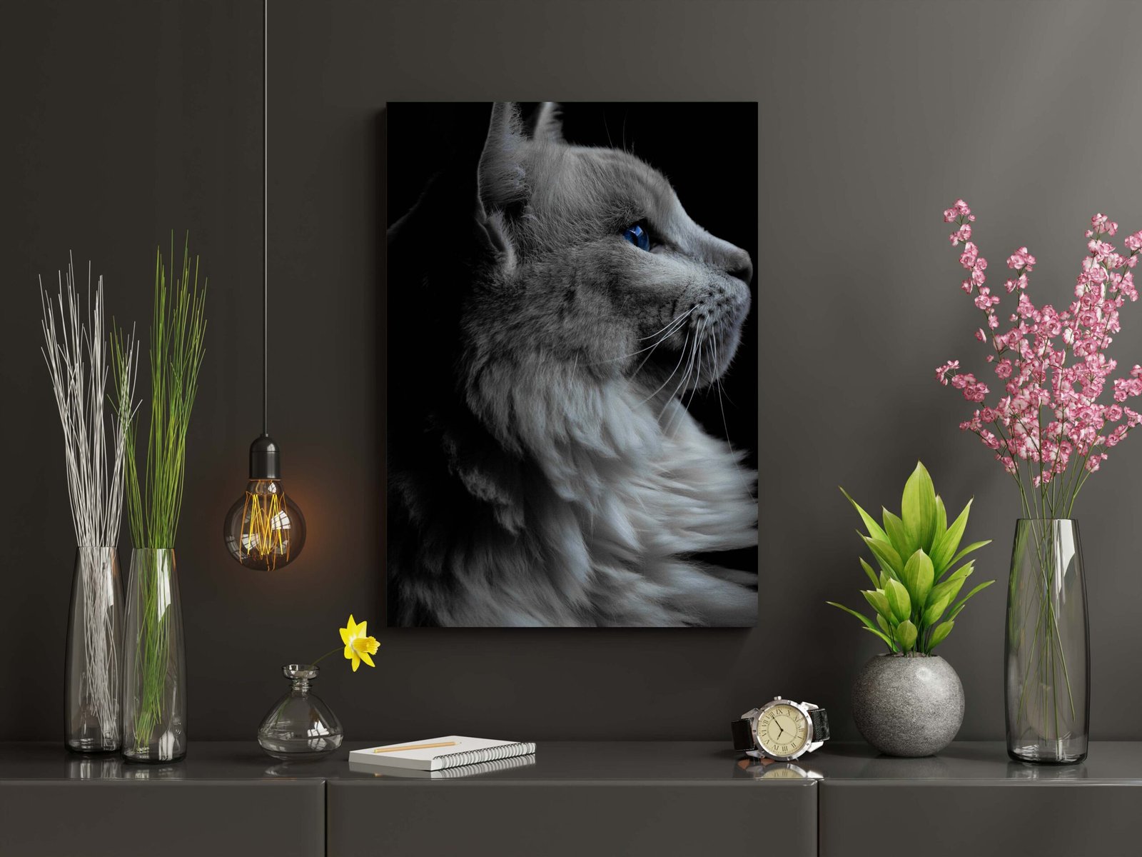 Gri Kedi Temalı Kanvas Tablo